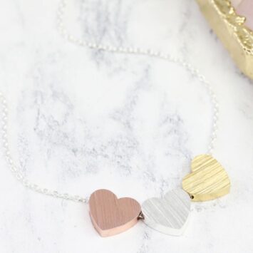 Brushed Mixed Metal Triple Heart Necklace